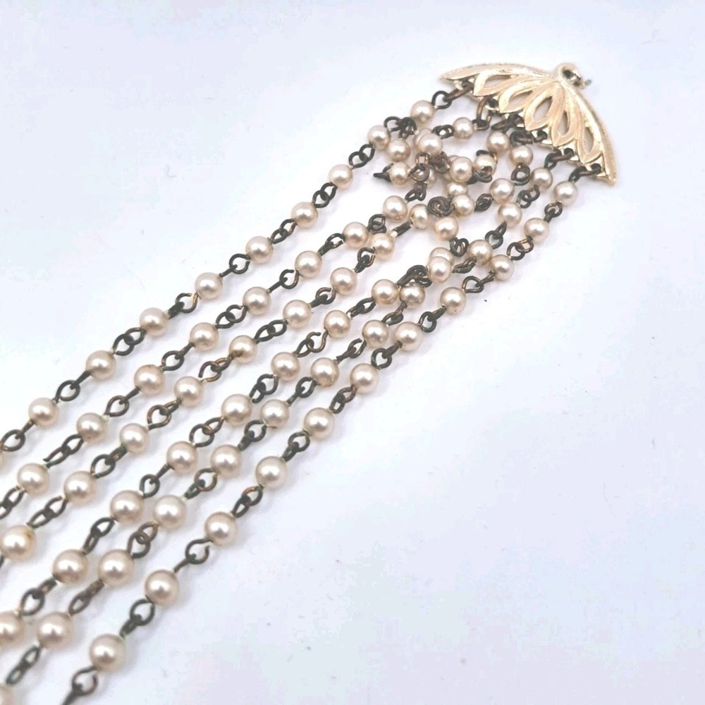 Vintage Unsigned 6 Strand Wire Faux Pearl Necklace **Needs Clasp
